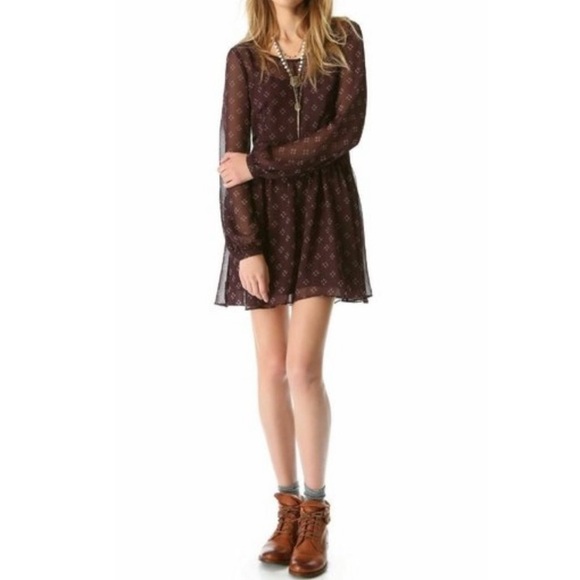 Free People Maroon Chiffon Long Sleeve Fit & Flare Dress size Medium - Picture 14 of 16